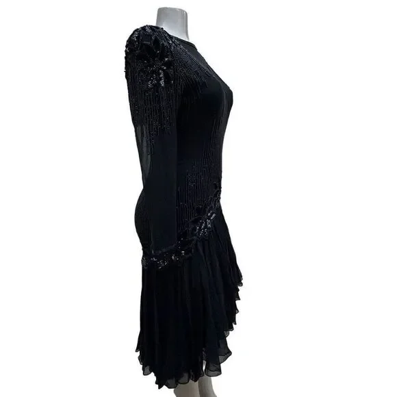 Vintage Black Tie He-Ro Evening Dress 8 Black Sequined Beaded Silk Drop Waist